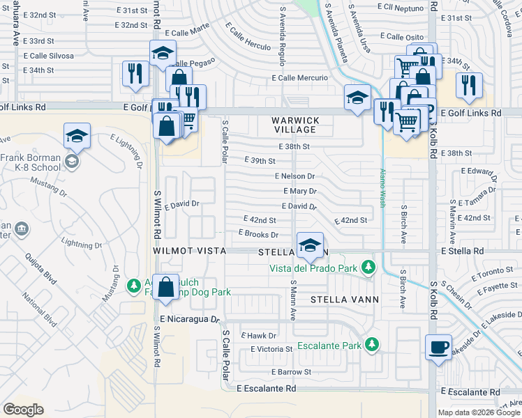 map of restaurants, bars, coffee shops, grocery stores, and more near 6600 East David Drive in Tucson