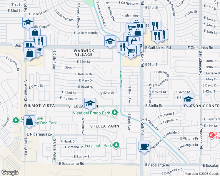 map of restaurants, bars, coffee shops, grocery stores, and more near 6872 East Mary Drive in Tucson