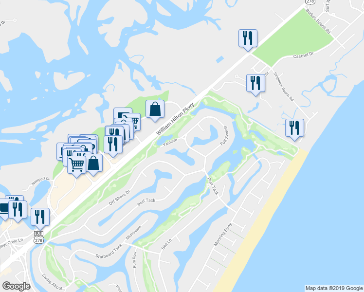 map of restaurants, bars, coffee shops, grocery stores, and more near 66 Full Sweep in Hilton Head Island
