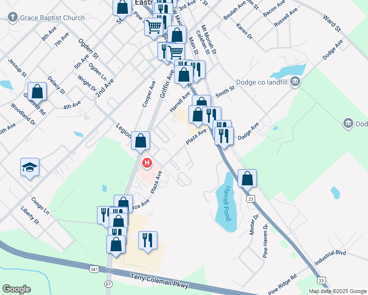 map of restaurants, bars, coffee shops, grocery stores, and more near 525 Plaza Avenue in Eastman