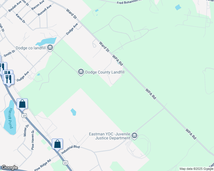 map of restaurants, bars, coffee shops, grocery stores, and more near 99 McQueen Drive in Eastman