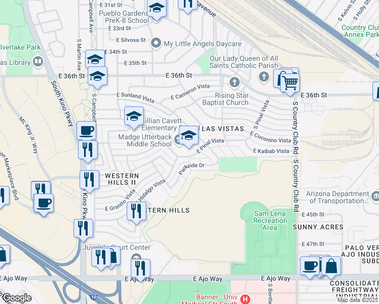map of restaurants, bars, coffee shops, grocery stores, and more near 3233 South Pinal Vista in Tucson