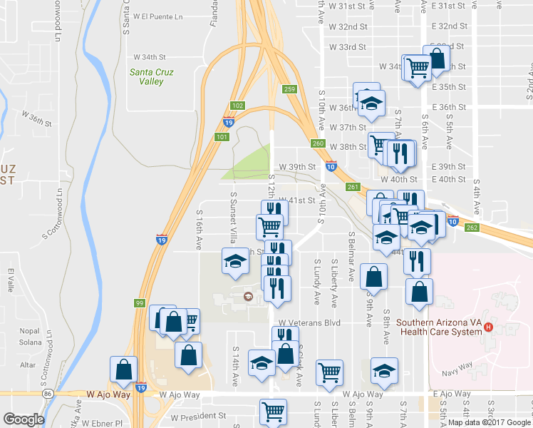 map of restaurants, bars, coffee shops, grocery stores, and more near 3132 South 12th Avenue in Tucson