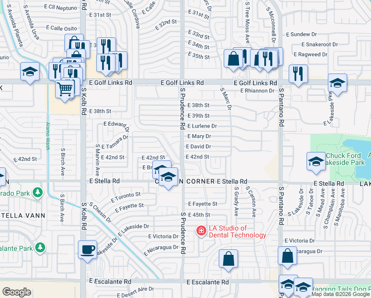 map of restaurants, bars, coffee shops, grocery stores, and more near 7512 East David Drive in Tucson