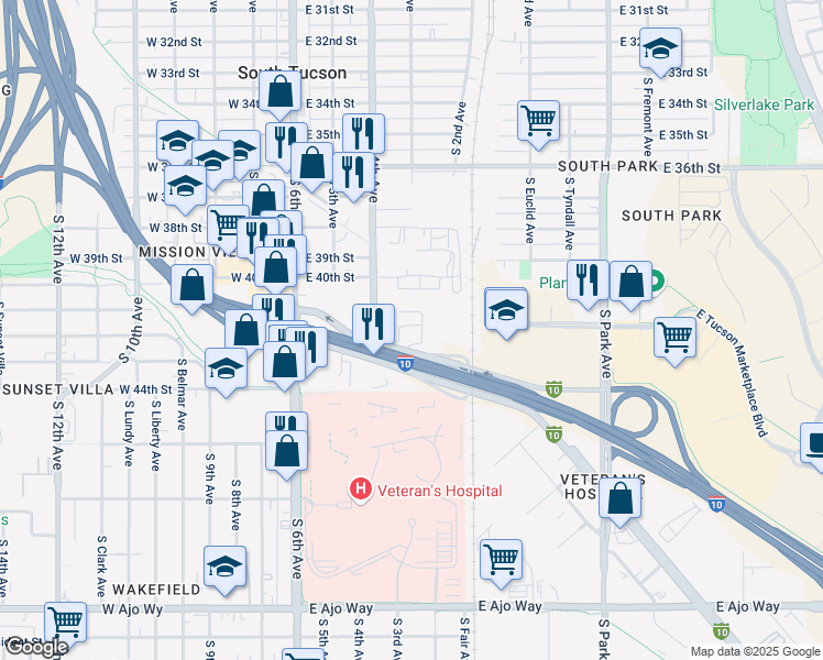map of restaurants, bars, coffee shops, grocery stores, and more near 305 East Benson Highway in Tucson