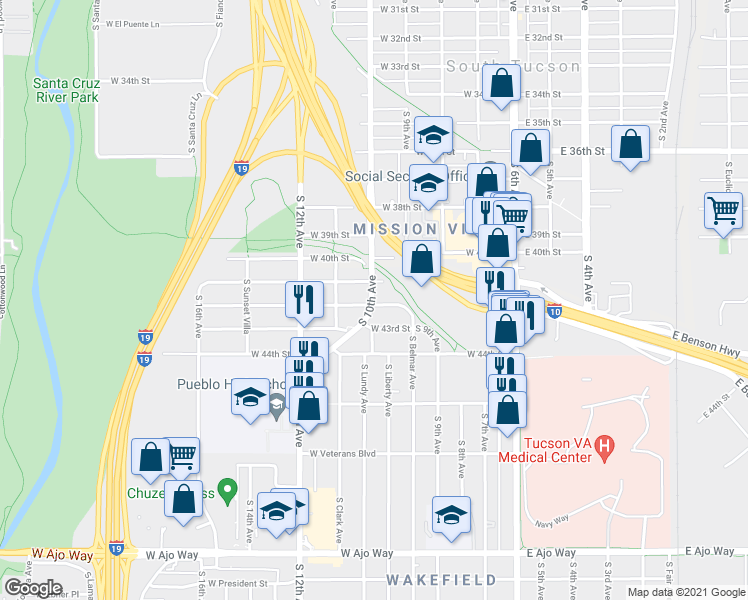 map of restaurants, bars, coffee shops, grocery stores, and more near 3107 South 10th Avenue in Tucson