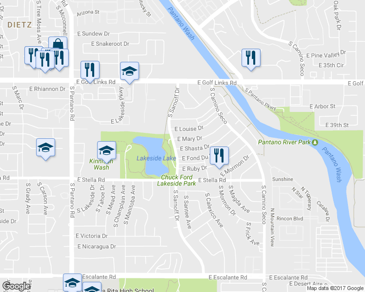 map of restaurants, bars, coffee shops, grocery stores, and more near 8333 E Shasta Dr in Tucson