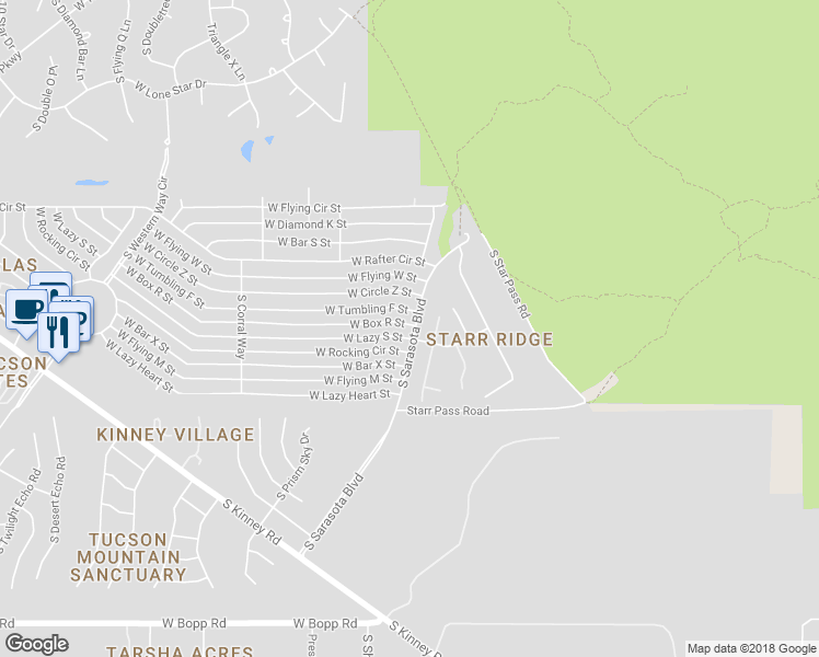 map of restaurants, bars, coffee shops, grocery stores, and more near 5309 West Box R Street in Tucson