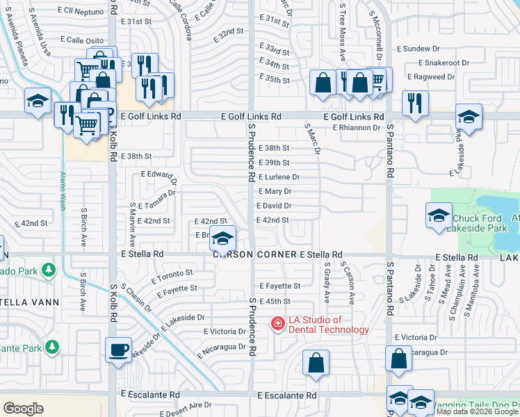map of restaurants, bars, coffee shops, grocery stores, and more near 7512 East David Drive in Tucson