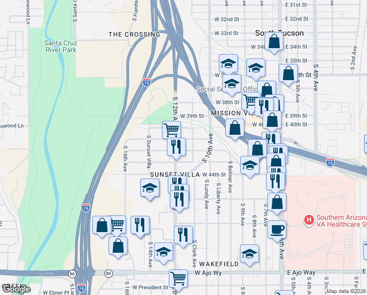 map of restaurants, bars, coffee shops, grocery stores, and more near 3132 South 12th Avenue in Tucson