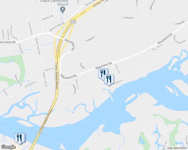 map of restaurants, bars, coffee shops, grocery stores, and more near 8 Broad Creek Marina Way in Hilton Head Island