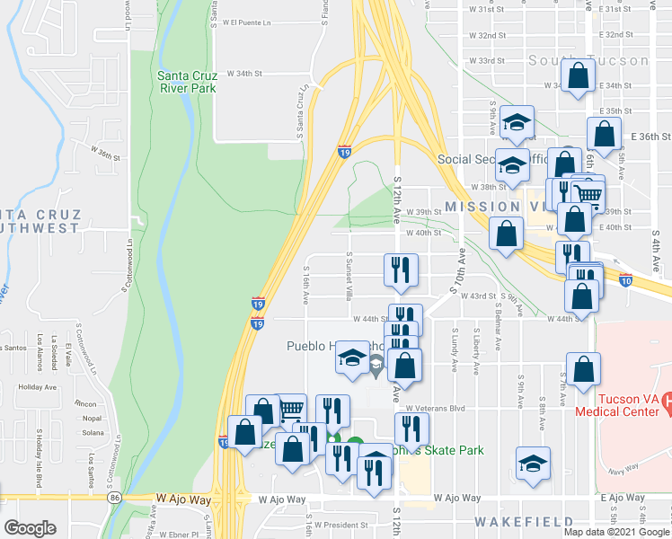 map of restaurants, bars, coffee shops, grocery stores, and more near 720 West 42nd Street in Tucson