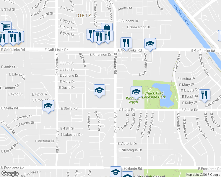 map of restaurants, bars, coffee shops, grocery stores, and more near 7831 East David Drive in Tucson