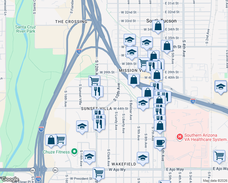 map of restaurants, bars, coffee shops, grocery stores, and more near 3107 South 10th Avenue in Tucson