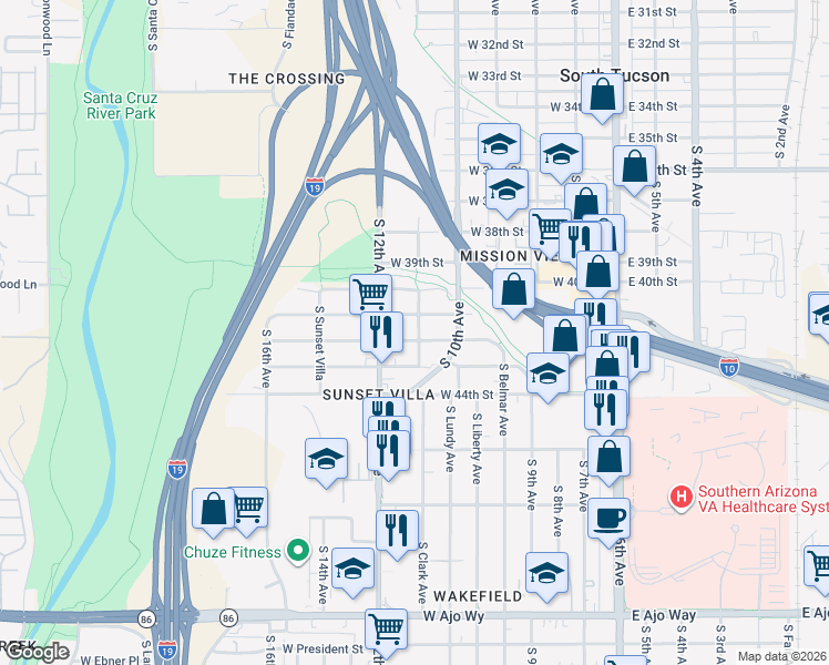 map of restaurants, bars, coffee shops, grocery stores, and more near 3192 South 11th Avenue in Tucson