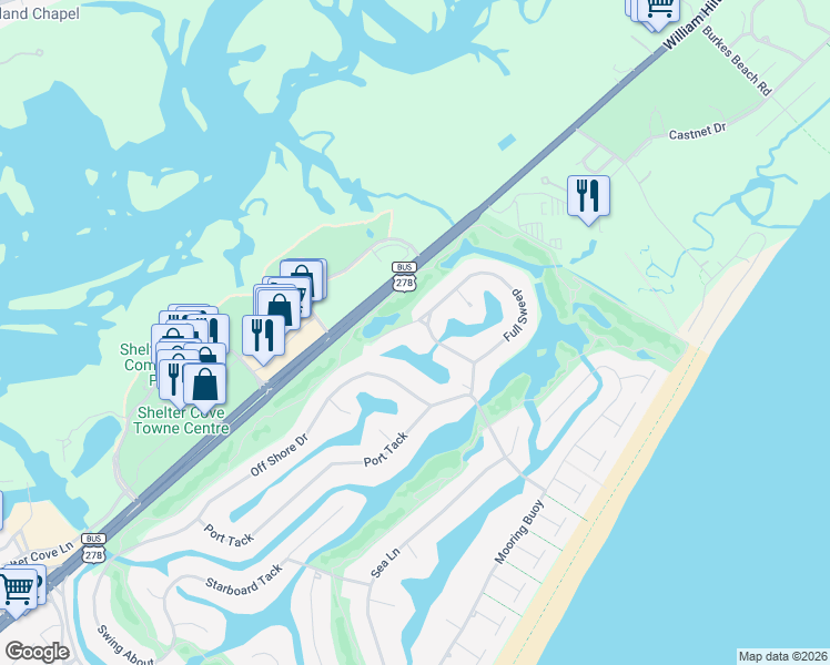 map of restaurants, bars, coffee shops, grocery stores, and more near 66 Full Sweep in Hilton Head Island