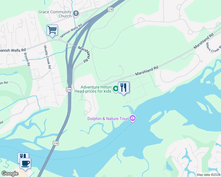 map of restaurants, bars, coffee shops, grocery stores, and more near 8 Broad Creek Marina Way in Hilton Head Island