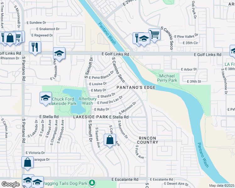 map of restaurants, bars, coffee shops, grocery stores, and more near 8500 East Shasta Drive in Tucson