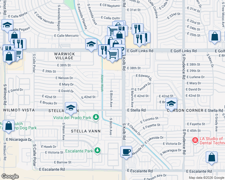 map of restaurants, bars, coffee shops, grocery stores, and more near 7005 East Mary Drive in Tucson
