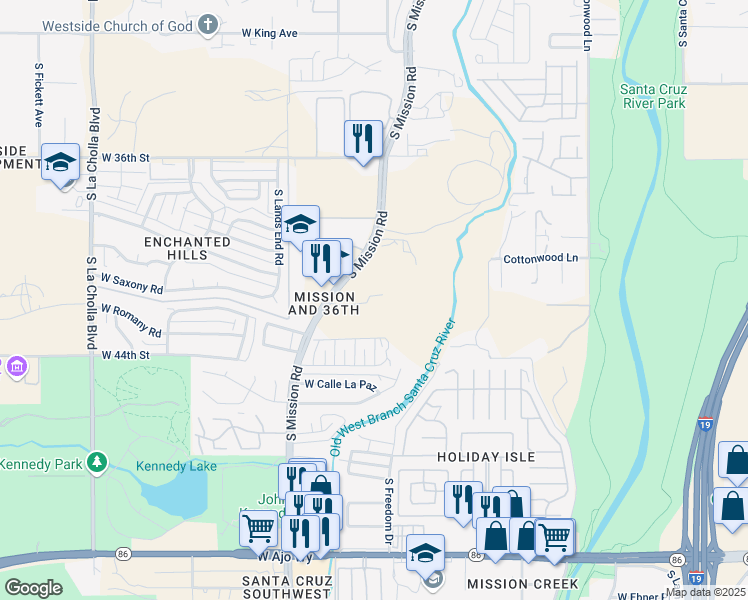 map of restaurants, bars, coffee shops, grocery stores, and more near 3171 South Mission Road in Tucson