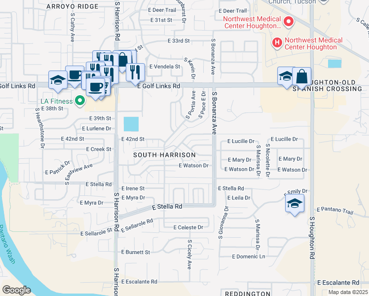 map of restaurants, bars, coffee shops, grocery stores, and more near 9760 East Mary Drive in Tucson