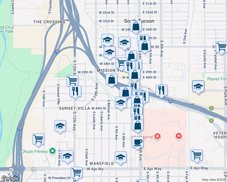 map of restaurants, bars, coffee shops, grocery stores, and more near 3390 South 6th Avenue in Tucson