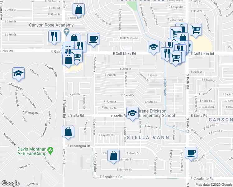 map of restaurants, bars, coffee shops, grocery stores, and more near 6633 East David Drive in Tucson