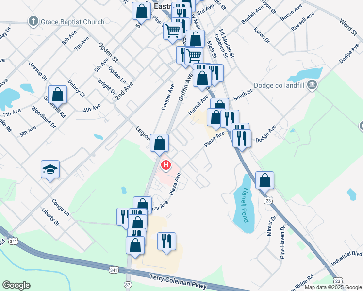 map of restaurants, bars, coffee shops, grocery stores, and more near 744 Af Graham Drive in Eastman