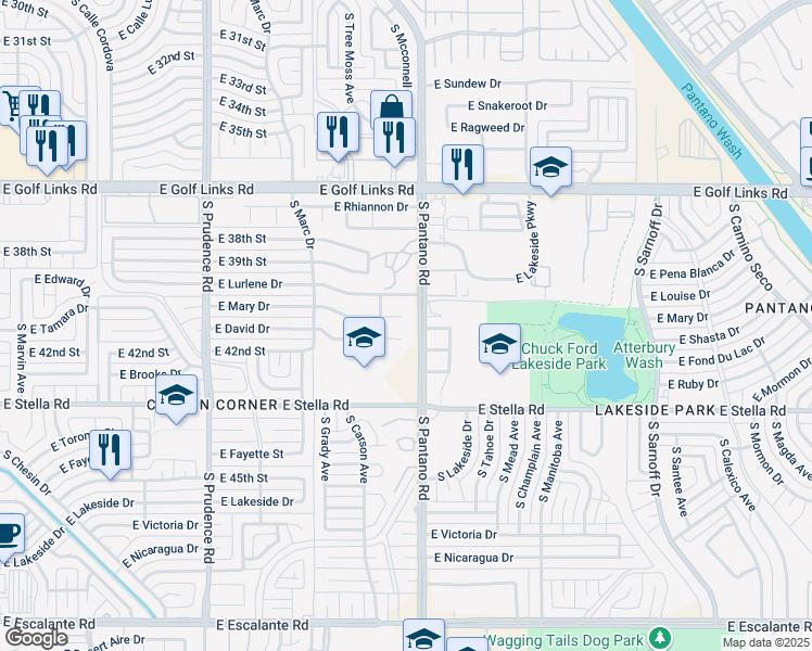 map of restaurants, bars, coffee shops, grocery stores, and more near 7831 East David Drive in Tucson
