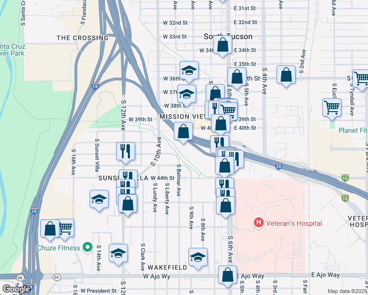 map of restaurants, bars, coffee shops, grocery stores, and more near 3390 South 6th Avenue in Tucson