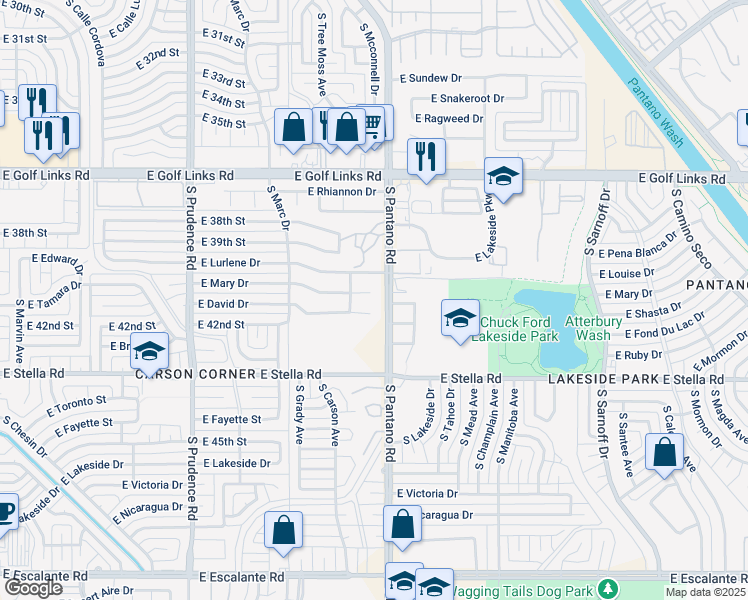 map of restaurants, bars, coffee shops, grocery stores, and more near 7831 East David Drive in Tucson