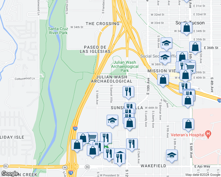 map of restaurants, bars, coffee shops, grocery stores, and more near 720 West 42nd Street in Tucson