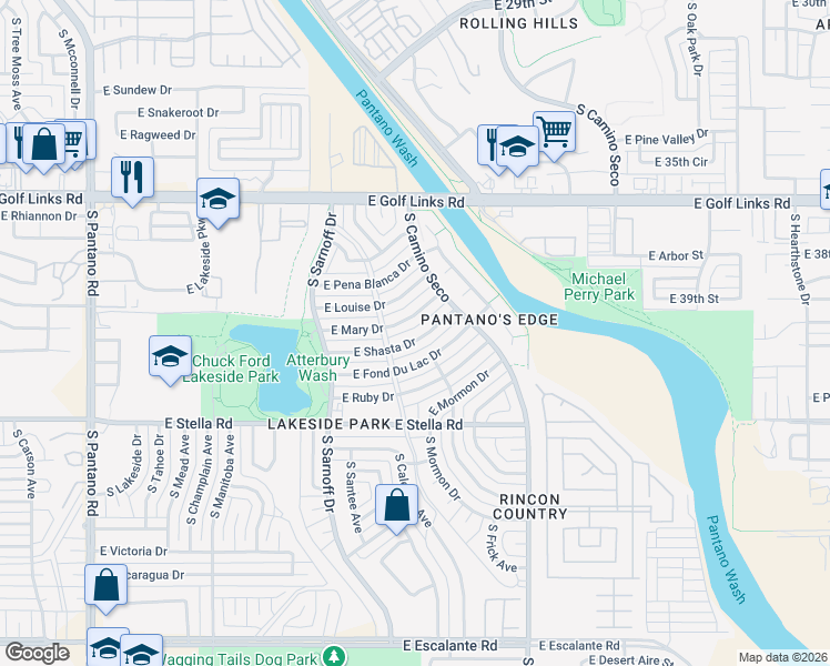 map of restaurants, bars, coffee shops, grocery stores, and more near 8500 East Shasta Drive in Tucson