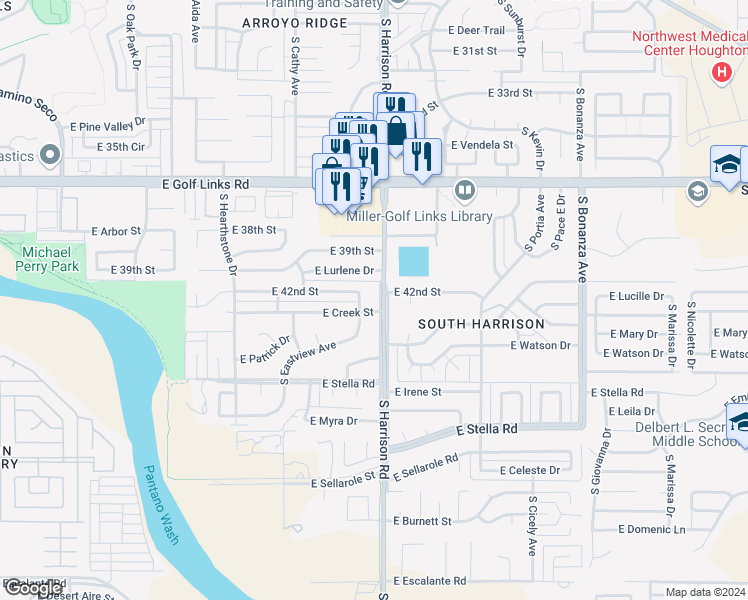 map of restaurants, bars, coffee shops, grocery stores, and more near 2932 South Harrison Road in Tucson