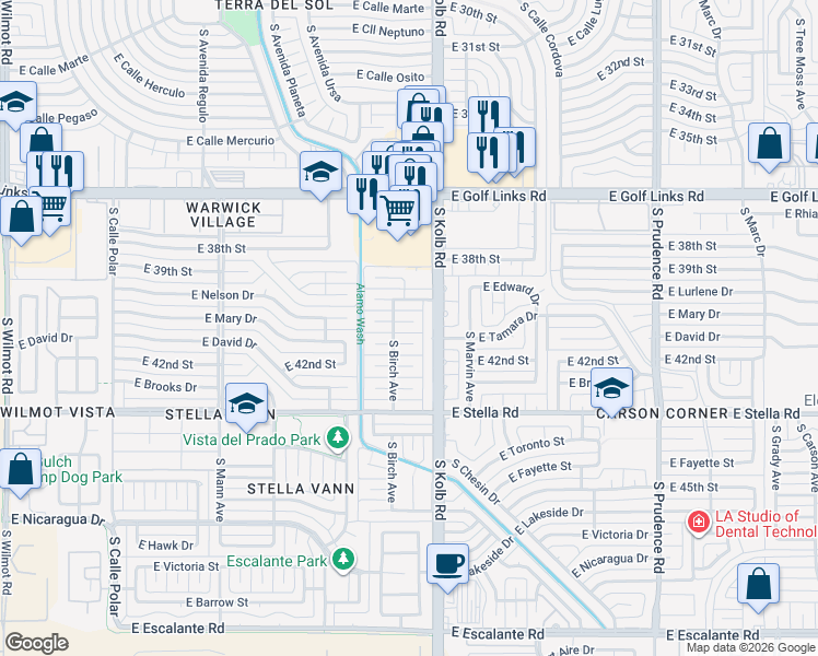 map of restaurants, bars, coffee shops, grocery stores, and more near 7005 East Mary Drive in Tucson