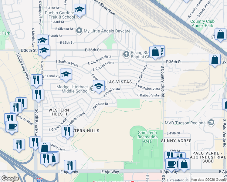 map of restaurants, bars, coffee shops, grocery stores, and more near 2550 East Pinal Vista in Tucson