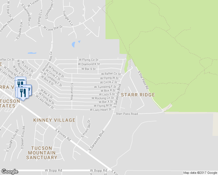 map of restaurants, bars, coffee shops, grocery stores, and more near 5349 West Tumbling F Street in Tucson