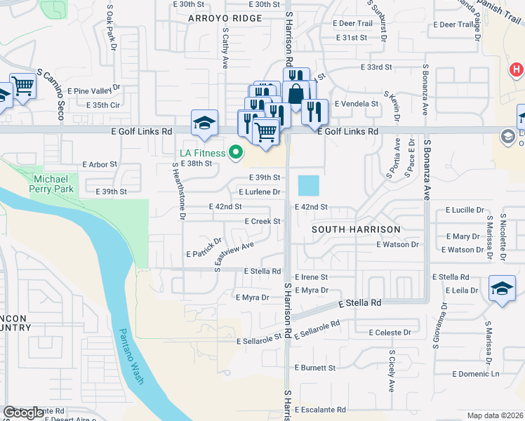 map of restaurants, bars, coffee shops, grocery stores, and more near 9408 East Creek Street in Tucson