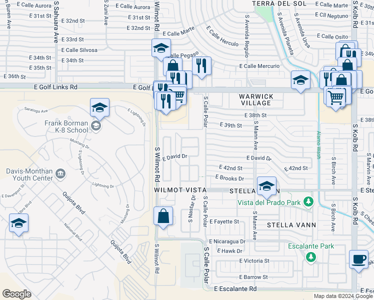 map of restaurants, bars, coffee shops, grocery stores, and more near 6426 East Mary Drive in Tucson