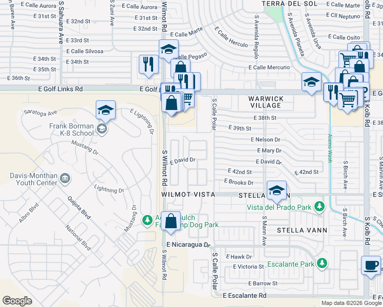map of restaurants, bars, coffee shops, grocery stores, and more near 6396 East David Drive in Tucson