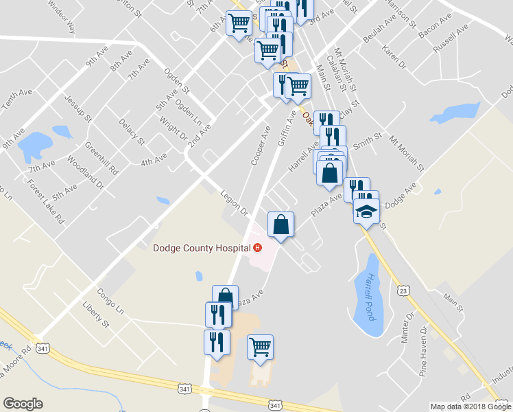 map of restaurants, bars, coffee shops, grocery stores, and more near 718 Griffin Avenue in Eastman