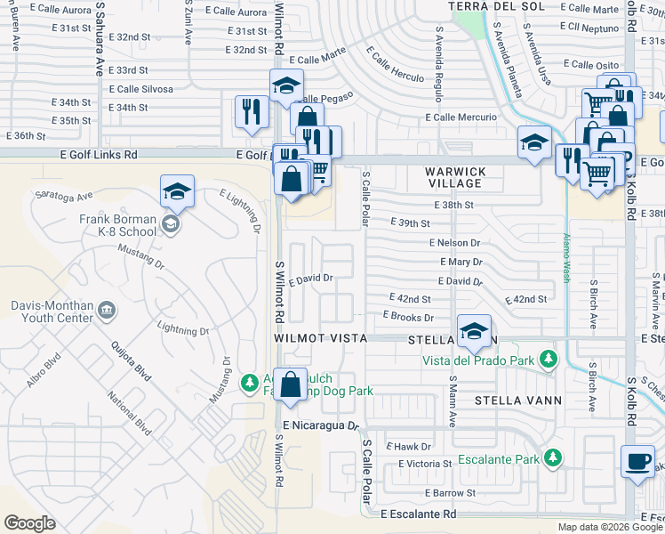 map of restaurants, bars, coffee shops, grocery stores, and more near 6426 East Mary Drive in Tucson