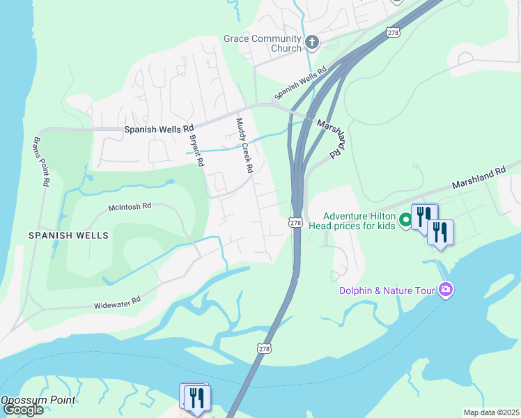 map of restaurants, bars, coffee shops, grocery stores, and more near 74 Muddy Creek Road in Hilton Head Island