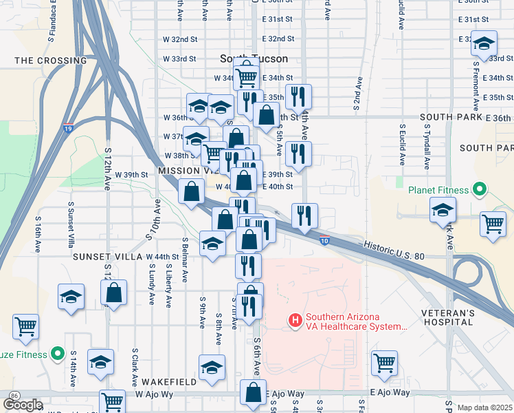 map of restaurants, bars, coffee shops, grocery stores, and more near E Benson Hwy & S 6th Ave in Tucson