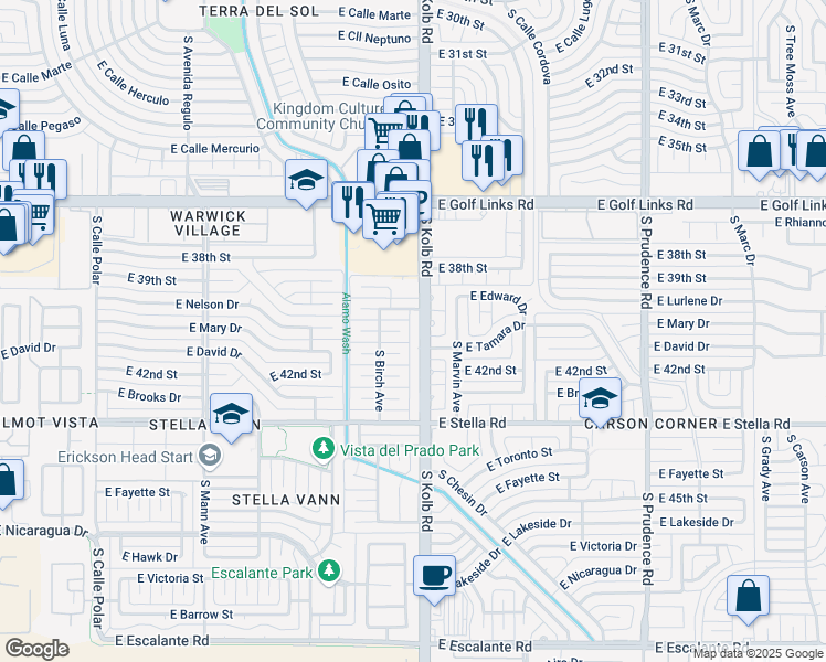 map of restaurants, bars, coffee shops, grocery stores, and more near 3030 South Kolb Road in Tucson