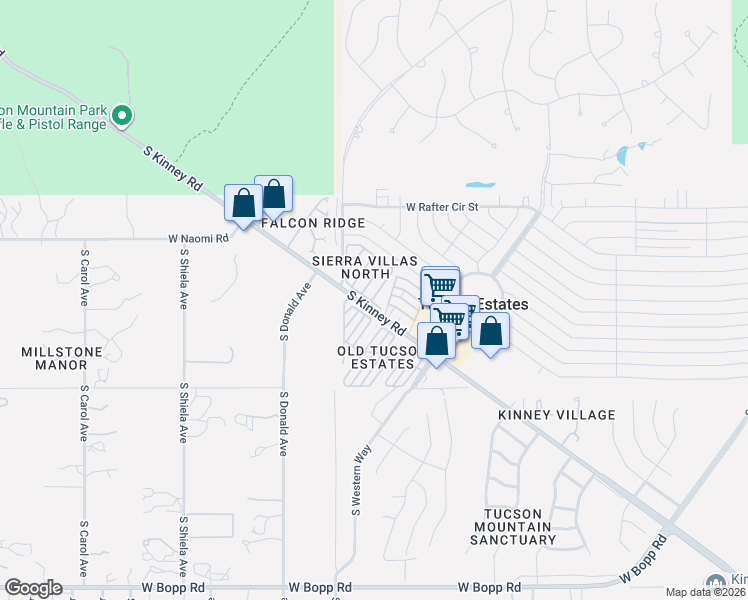 map of restaurants, bars, coffee shops, grocery stores, and more near 3045 South Kinney Road in Tucson