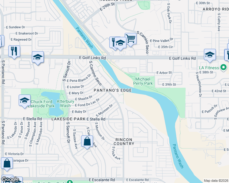 map of restaurants, bars, coffee shops, grocery stores, and more near 2990 South Pantano Edge Drive in Tucson