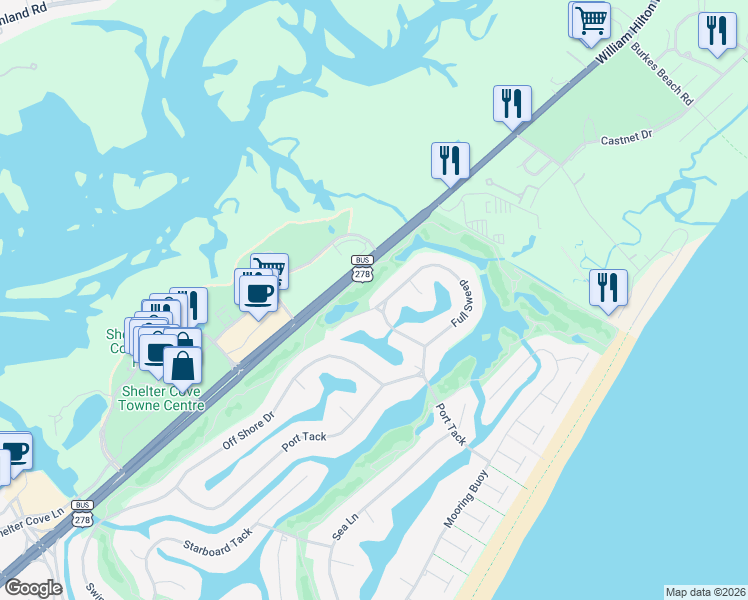 map of restaurants, bars, coffee shops, grocery stores, and more near 64 Full Sweep in Hilton Head Island