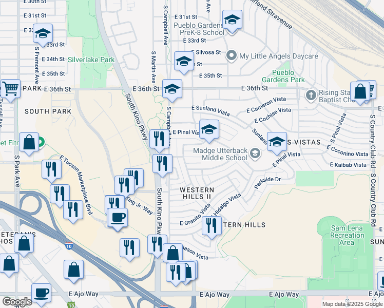 map of restaurants, bars, coffee shops, grocery stores, and more near 2017 East Cochise Vista in Tucson