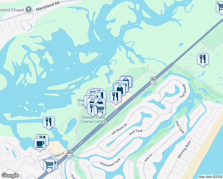 map of restaurants, bars, coffee shops, grocery stores, and more near 47 Shelter Cove Lane in Hilton Head Island